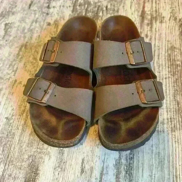 Birkenstock Arizona big buckle gray & leather‎ slides women’s size 6 - Picture 1 of 6